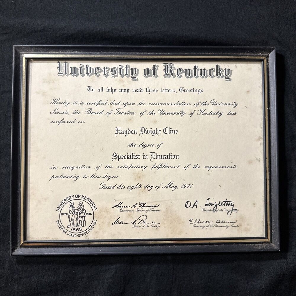 1971 University of Kentucky Specialist in Education Degree - Hayden Dwight Cline